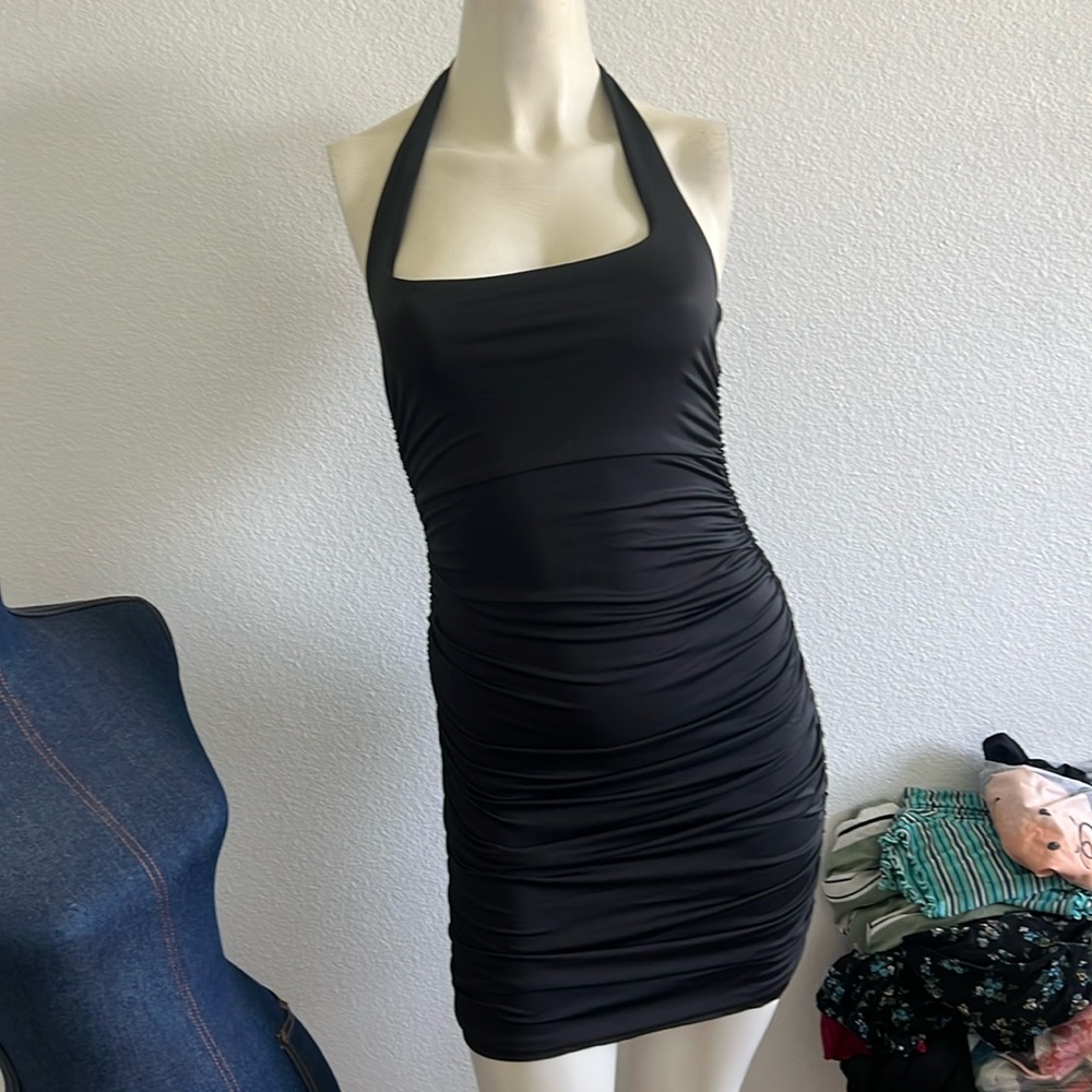 Black ruched halter dress